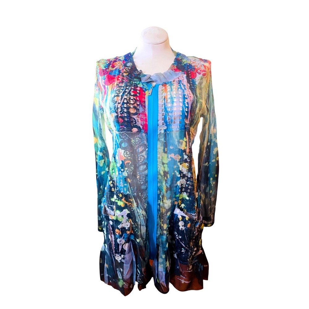 Fleur de Lis Collection Sheer Mesh Abstract Art Print Zip Front Tunic Top XL